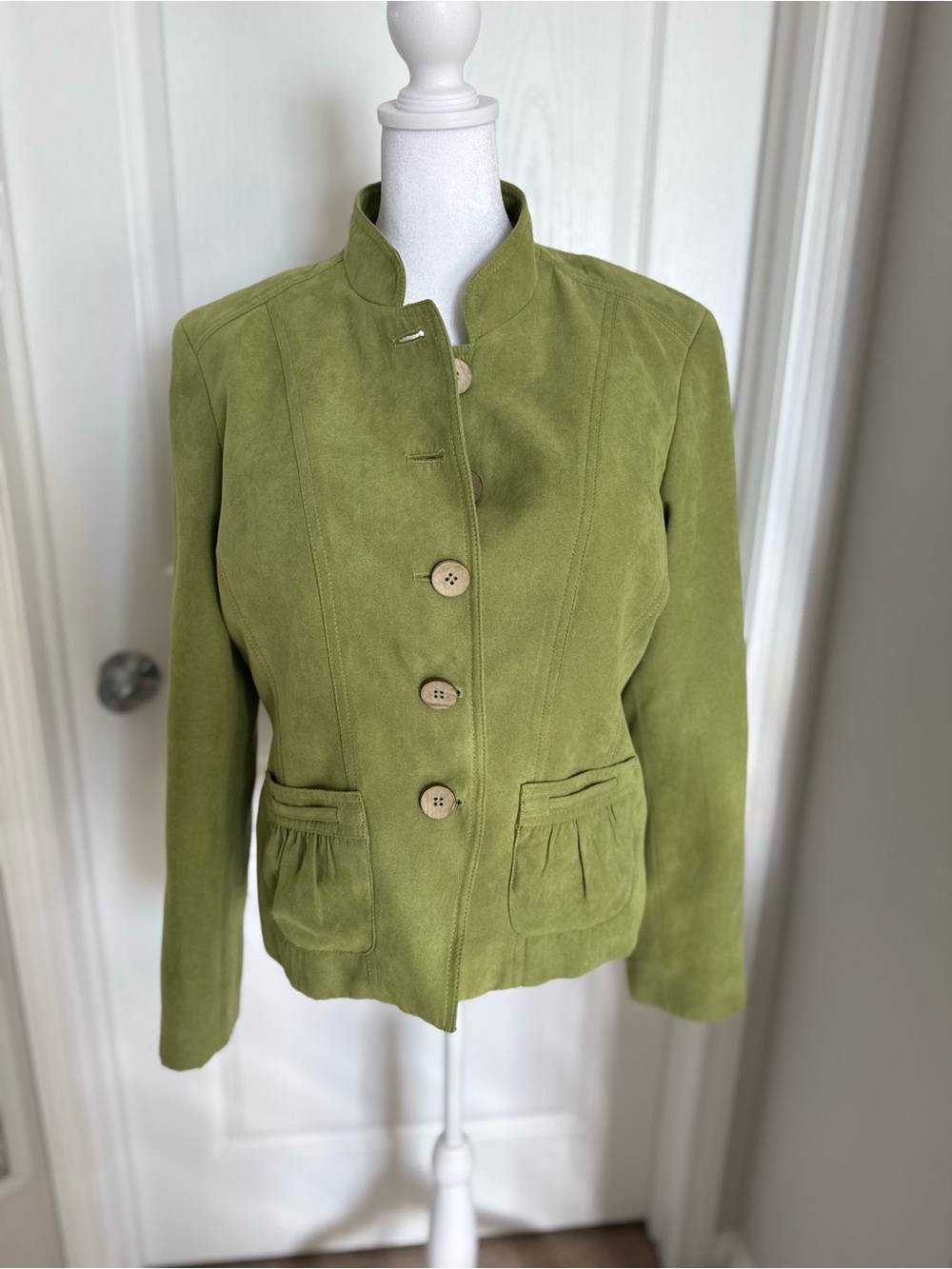 Women's Olive Green Suede Like Button-Front Blazer
